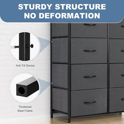 DUMOS 8 Drawer Dresser for Bedroom, Fabric Storage Organizer with Sturdy Metal Frame, Wooden Top Chest of Drawers for Closet Entryway Guest Room, Grey