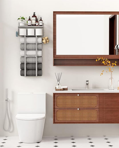 Towel Racks for Bathroom - Wall Mounted Metal Rack with Wood Plank, Bathroom Storage Organizer, Towel Holder Stores 6 Large Rolled Towels Easily, All Grey