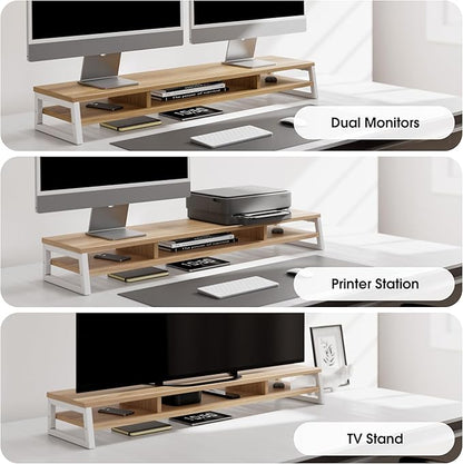 Fenge Dual Monitor Stand for Desk, 42.5in Large Monitor Riser for 2 Monitors, 2 Tier Computer Office Desk Top Shelf, Desktop Storage Stand for Laptop, PC, Computer, Printer