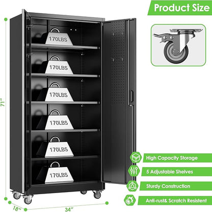 Garage Storage Cabinet with Wheels and Pegboard, Lockable Metal Storage Cabinet with 5 Adjustable Shelves and 4 Hooks for Garage,Warehouse, Assembly Required, Black, 71" H x 34" W x 18" D