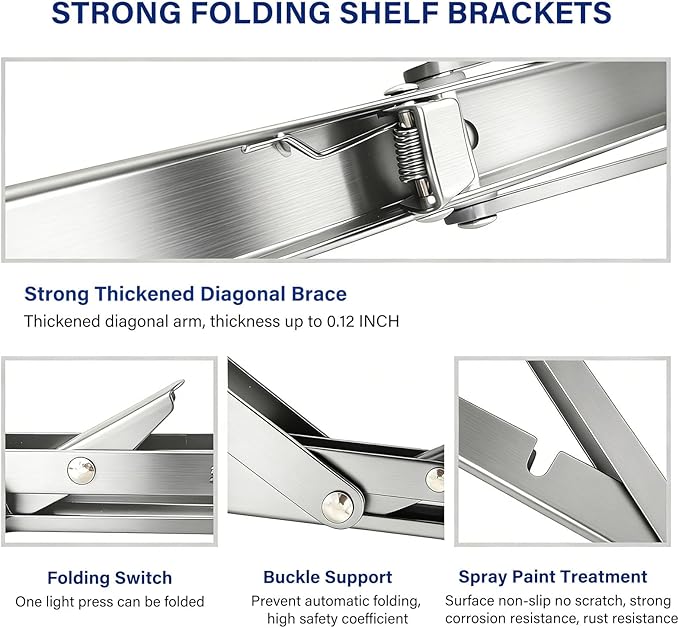 20 Inch Heavy Duty Stainless Steel Folding Shelf Brackets, 4 Pack - Collapsible Wall Mounted Table Hinges 8 10 12 14 16 18 20 Inch for Space-Saving Foldable Shelves, Kitchen, Garage & RV