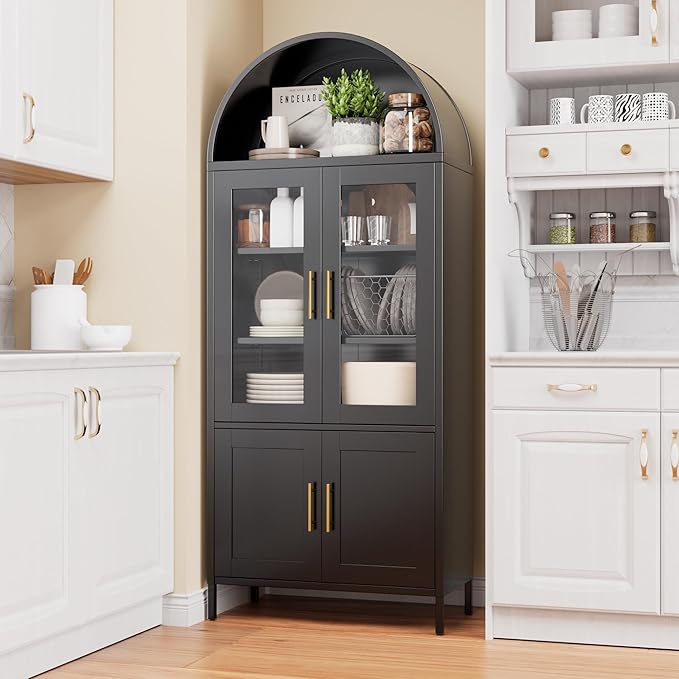 Metal Arched Bookcase Cabinet with 4 Doors,Arched Kitchen Pantry Cabinet for Home Office Living Room,Required Assembly,Black
