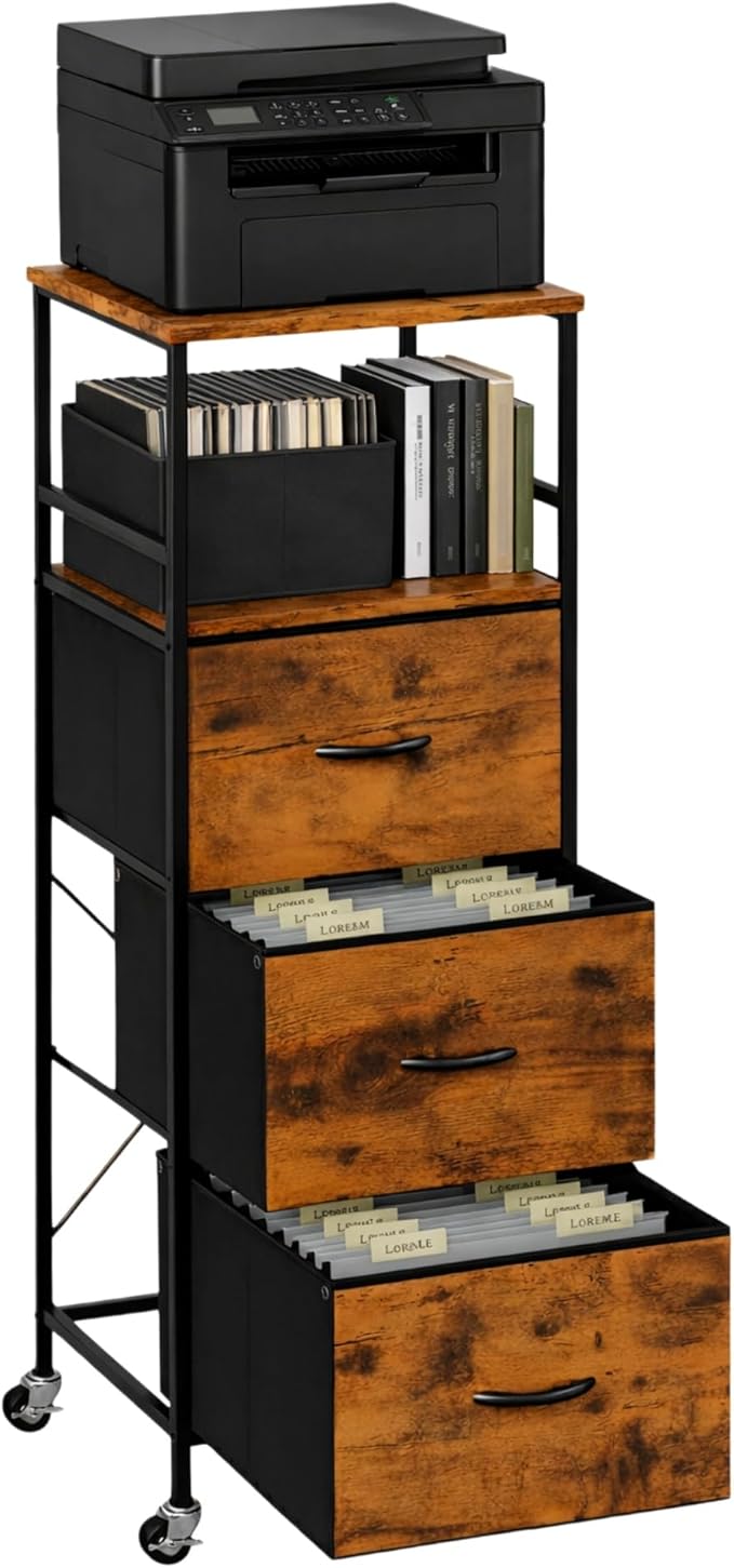 51" H Tall Mobile File Cabinet, Rolling Printer Stand with 3 Drawers, Adjustable Hanging Rails for A4/Letter/Legal Files, Fabric Vertical Filing Cabinet for Home Office, Rustic Brown