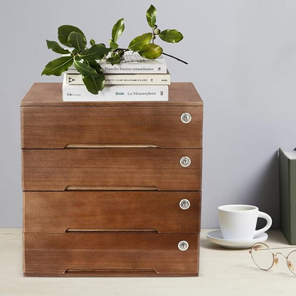 4 Drawers Wood Storage Box, Flat File Cabinet, Storage Cabinet Organizer with Lockable Drawers, Office Supplies File Organizer, Art Storage Cabinets, Multipurpose Tool Box for Home Office (Walnut)