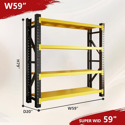 5000lbs Garage Shelving Heavy Duty, 60" W 4-Tier Metal Adjustable Garage Shelves, Storage Shelves for Warehouse, Pantry, Basement, 59" W X 20" D X 79" H (Black+Yellow, 59x20x79)
