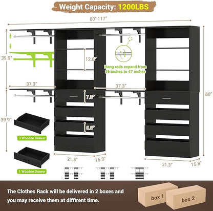 Aheaplus Closet System with 8 Wooden Drawers, Wood Closet Organizer System with Tower, Walk-in Closet Organizer Wardrobe Clothes Rack with 4 Hanging Rods, Garment Rack, Cut to Fit 7-12Ft, Black