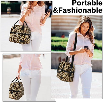 BALORAY Lunch Bag for Women Men, Double Deck Lunch Box for Adults, PU Leather Lunch Tote Bag Insulated Lunch Bags with Strap for Work Office Picnic (leopard with strap)