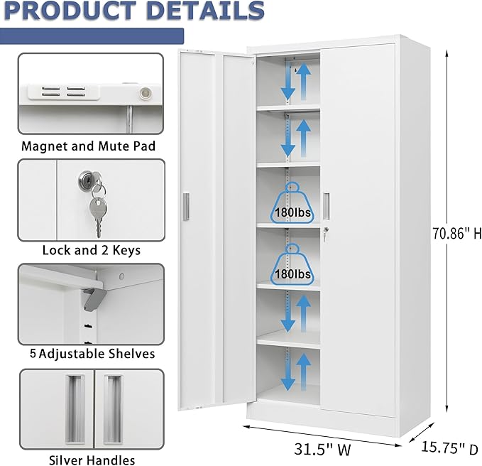 CMY Metal Storage Cabinet with Locking Doors and 5 Adjustable Shelves, 71” Tall Steel Storage Cabinets for Garage, Home Office, Pantry (White)