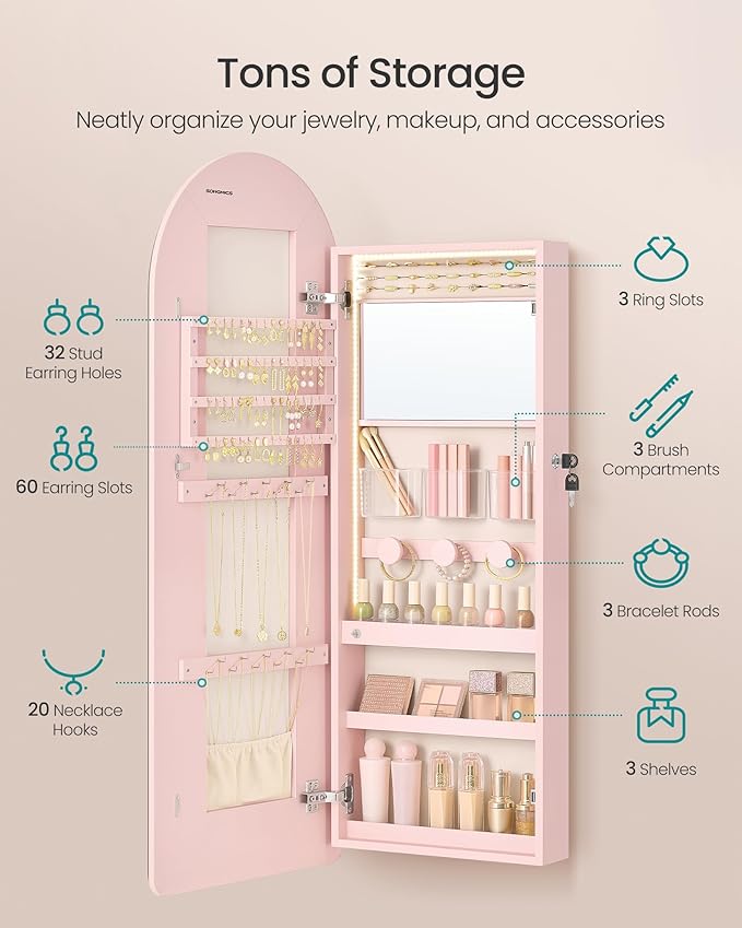 SONGMICS Wide Jewelry Organizer, LED Jewelry Cabinet Wall/Door Mounted, Arched Mirror with Storage, Lockable, Rounded Corner, Interior Mirror, 3.9 x 16.5 x 42.5 Inches, Jelly Pink UJJC020SA01S