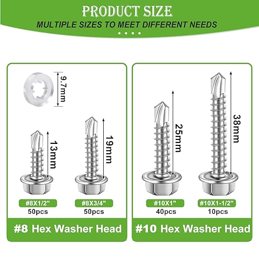 mxuteuk 300PCS #8#10 Self Tapping Screws for Metal,410 Stainless Steel Self Drilling Screws,Hex Washer Head Sheet Metal Screws Suitable for Wood, Metal or Tough Materials(150pcs Screw+150pcs Washer)