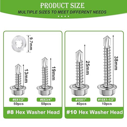 mxuteuk 300PCS #8#10 Self Tapping Screws for Metal,410 Stainless Steel Self Drilling Screws,Hex Washer Head Sheet Metal Screws Suitable for Wood, Metal or Tough Materials(150pcs Screw+150pcs Washer)