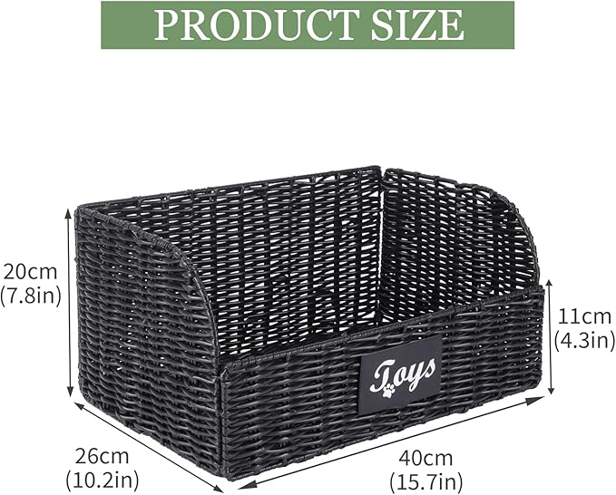 Pet Dog Toy Storage Basket,Collapsible Poly Wicker Baskets for Dog Cat Toys,Trapezoid Dog Toy Bin,Dog Storage Organizer for Leash Blanket Toys,Ideal for Living Room,Playroom(Black)