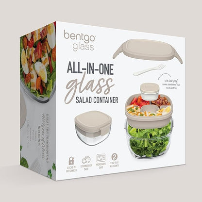 Bentgo Glass Salad Container - 7.6-Cup Salad Bowl with Airtight Lid, Leak-Proof Sauce Container, 4-Compartment Bento Tray & Reusable Fork - BPA-Free for Meal Prep, Office & More (White Stone Tan)