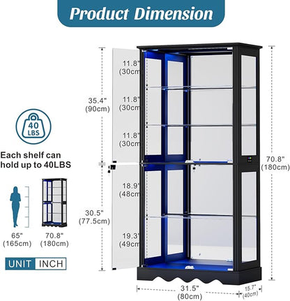 Glass Display Cabinet with Doors, RGB Curio Cabinet with LED Lights for Collectibles, Display Case with Adjustable Shelf, Black