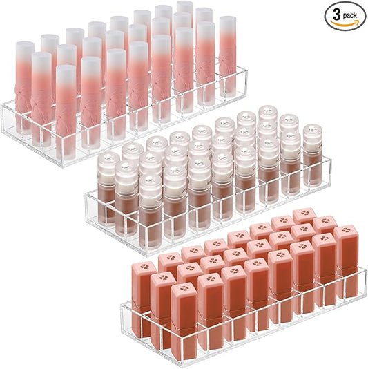 Kigley 3 Pcs Clear Lipstick Organizer Acrylic Lip Gloss Holder Cosmetic Storage Lipstick Display Case for Women Perfume Sample Drawer Brushes Bottles Birthday Gift(24 Grid)
