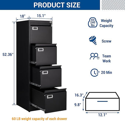File Cabinet - 4 Drawers Vertical 17.8" Deep Lockable Filing Cabinet Black Metal Storage Cabinets for Home Office to Hanging Files Letter/Legal/F4/A4 Size