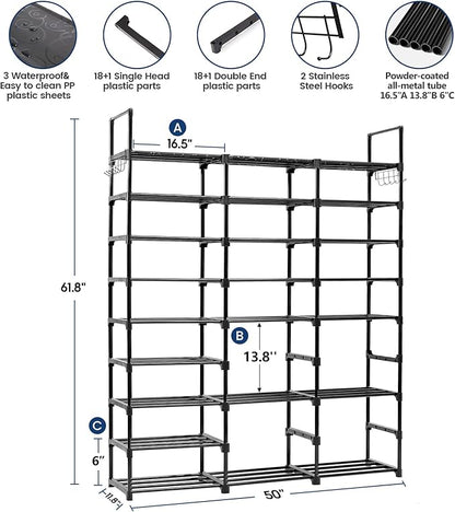 Mavivegue 9-Tier Metal Shoe Rack - Holds 50-55 Pairs, Tall Storage Shelf for Shoes, Boots, Entryway, Closet, Garage