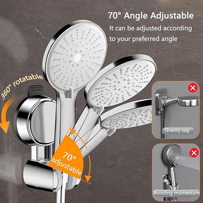 Resdenio Shower Head Holder - Strong Suction Cup No Drilling Showerhead Bracket Waterproof Handheld Shower Holder, Adjustable Wand Holder for RV, Kids, Bathroom (Silver)