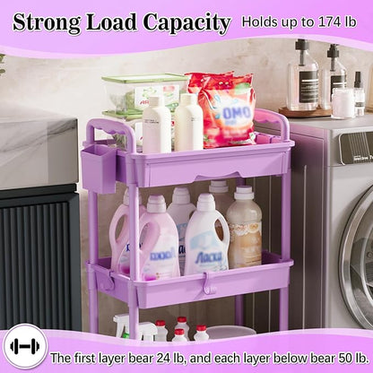 3 Tier Rolling Cart Organizer with Drawer, Bathroom Storage Carts with Wheels & Plastic Shelf, Mobile Storage Organizers for Kitchen, Office, Laundry Room, Baby, Snack, Craft, Makeup, Purple