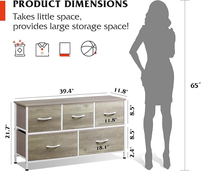 WLIVE Dresser for Bedroom with 5 Drawers, Wide Chest of Drawers, Fabric Dresser, Storage Organizer Unit with Fabric Bins for Closet, Living Room, Hallway, Greige Oak