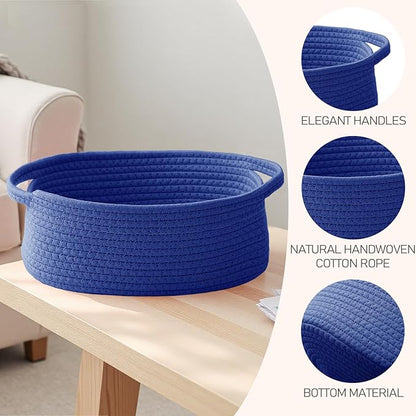 Woven Basket,Small Rope Storage Bin with Handles & Ribbon Bag, Organizer for Shelves Closets,Gift Basket Empty for Birthday,Books,Dog Toys, Navy Blue/2 Pack