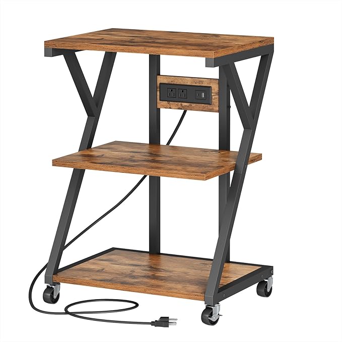 HOOBRO 3-Tier Printer Stand, Mobile Printer Table, Rolling Cart with Charging Station, Home Printer Stand, for Living Room, Kitchen, Office, Rustic Brown and Black BF33UPS01