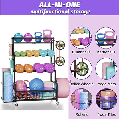Dumbbell Rack,Home Gym Storage Rack,Total Weight Capacity 490 lbs,Weight Rack with Wheels/Strength Training Equipment Storage Rack with Hooks,Stores Dumbbells,Kettlebells,Yoga Mats
