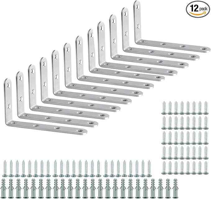Alise 12 Pcs Floating Shelf Brackets,Heavy Duty L Bracket Corner Brace,5'' x 3'' Stainless Steel Corner Joint Angle Bracket for Hanging Support Shelves Support DIY,Brushed Finish