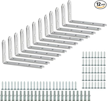 Alise 12 Pcs Floating Shelf Brackets,Heavy Duty L Bracket Corner Brace,5'' x 3'' Stainless Steel Corner Joint Angle Bracket for Hanging Support Shelves Support DIY,Brushed Finish