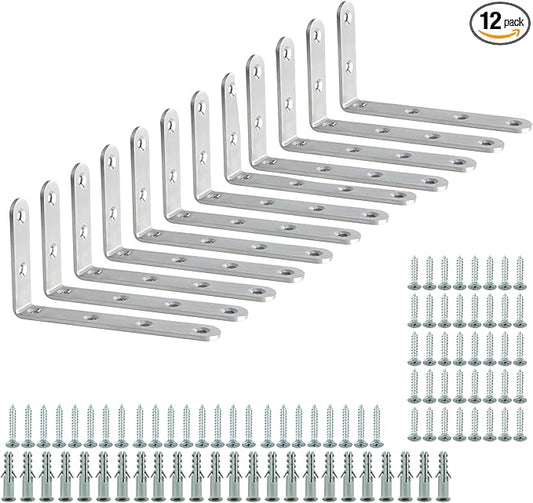 Alise 12 Pcs Floating Shelf Brackets,Heavy Duty L Bracket Corner Brace,5'' x 3'' Stainless Steel Corner Joint Angle Bracket for Hanging Support Shelves Support DIY,Brushed Finish