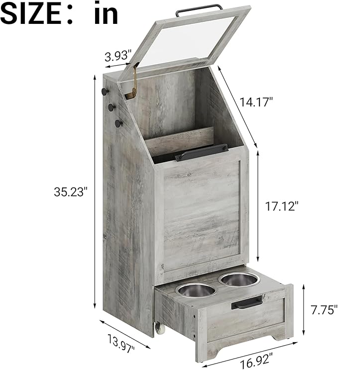 Flip Top Dog Food Storage Container, Wood Pet Storage Cabinet with 2 Pull-Out Elevated Dog Bowls, Modern Dog Food Storage Container with 3 Hooks, Pet Toy Storage Organizer, Grey