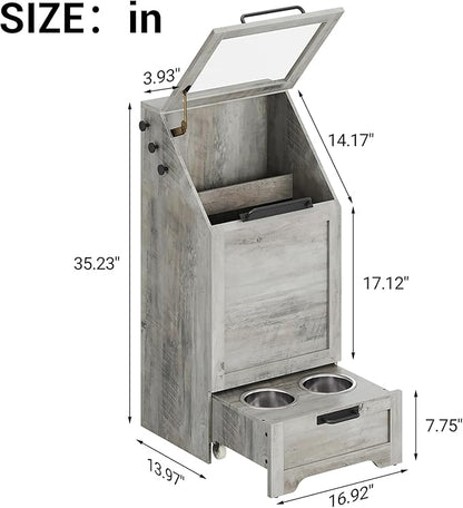 Flip Top Dog Food Storage Container, Wood Pet Storage Cabinet with 2 Pull-Out Elevated Dog Bowls, Modern Dog Food Storage Container with 3 Hooks, Pet Toy Storage Organizer, Grey