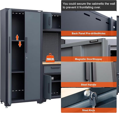 Garage Storage Cabinet System 9-Pcs Workshop Set Garage Cabinets and Storage System with Steel Drawers, Rolling Chest, Workbench, Pegboard for Tool Organization