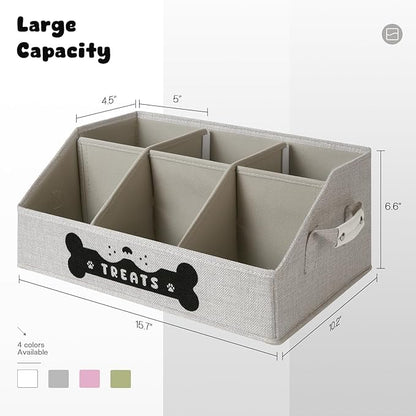 Dog Treat Container, Dogs Storage Organizer with Removable Dividers, Collapsible Dogs Treat Holder for Countertop, Trapezoid Pet Treats Containers, Dog Toy Basket with PU Handles, Medium, Gray