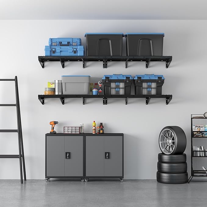 FLEXIMOUNTS 4 Pack 2x4ft Garage Storage 24x48 inch Heavy Duty Bike Wall Shelving Rack, 1320lbs Total Weight Capacity, Black, Pro Series