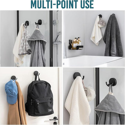 TAILI 304 Stainless Steel Bathroom Suction Hooks for Towel, Bathrobe, Loofah, Patented Strong Suction Cup Holder, No Damage Hanging Glass Shower Wall Hook, Double-Hook Sleek Design, 2 Pack, Black