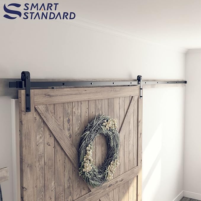SMARTSTANDARD 9 Feet Heavy Duty Sturdy Sliding Barn Door Hardware Kit-Smoothly and Quietly-Includes Detailed Installation Fit 54" Wide Doorpanel (J Shape Hanger) Black
