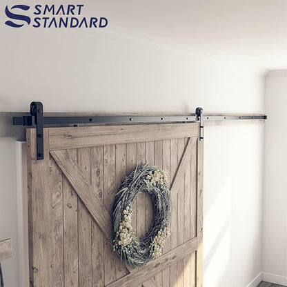 SMARTSTANDARD 9 Feet Heavy Duty Sturdy Sliding Barn Door Hardware Kit-Smoothly and Quietly-Includes Detailed Installation Fit 54" Wide Doorpanel (J Shape Hanger) Black