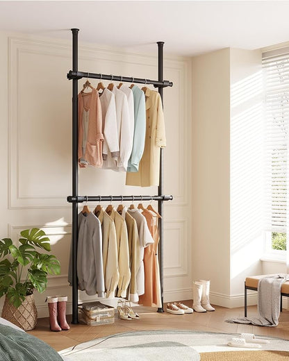 Floor to Ceiling Clothes Rack, Heavy-Duty Telescopic Garment Rack, 43–122in Height & 30–47in Width, 220lbs Total Load Capacity, 2-Pole, Black
