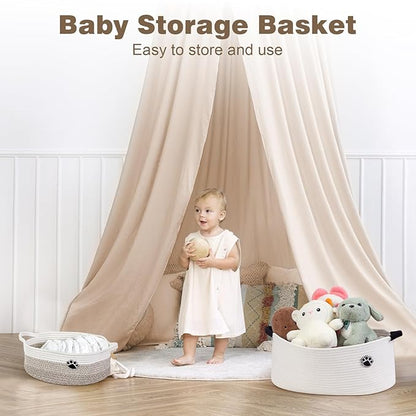 Dog Toy Basket, Toy Box and Bin for Dog Cat Storage, 19.7" X 11" X 7.9" (30L) Large Woven Basket for Blanket Storage, Rope Baskets for Living Room, Bedroom, White