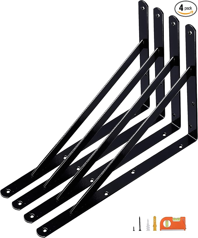 4-Pack 18 Inch Heavy Duty Shelf Brackets, Thicken Wall Bracket for Garage Floating Storage Shelves, Black Powder-Coated Steel