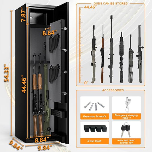 4-6 Rifle Safe, Large Gun Safe for Home Rifles and Pistols, Gun Cabinet for Rifles and Shotguns with Drawer, Gun Cabinets with LED Lights and Double Alarm System
