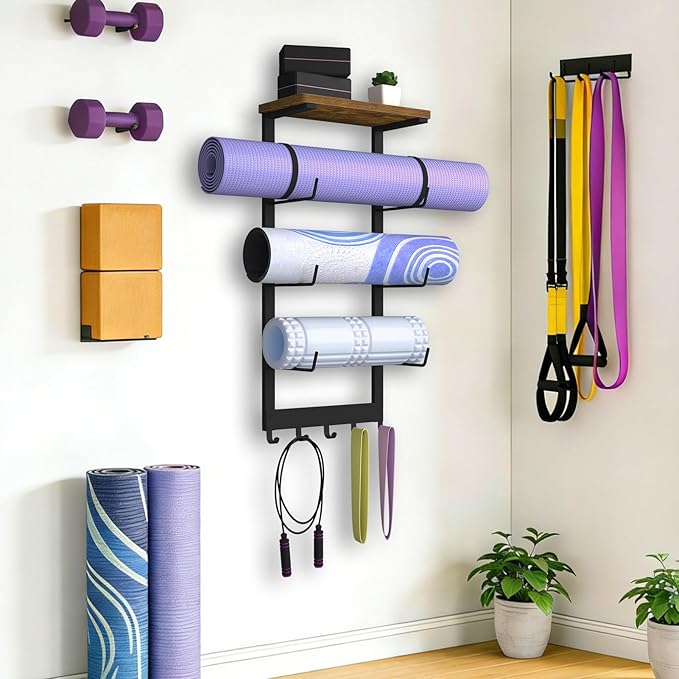 Yoga Mat Holder Wall Mount, Yoga Mats Storage Rack, Home Gym Wall Organizer Holder with Wood Floating Shelf and 5 Hooks, Storage Rack for Hanging Foam Roller/Band/Workout Equipment, Black