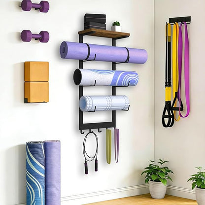 Yoga Mat Holder Wall Mount, Yoga Mats Storage Rack, Home Gym Wall Organizer Holder with Wood Floating Shelf and 5 Hooks, Storage Rack for Hanging Foam Roller/Band/Workout Equipment, Black