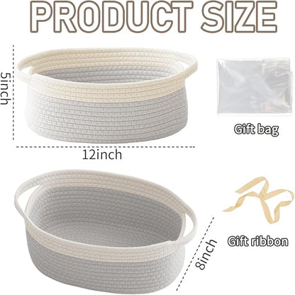 Woven Basket,Small Rope Storage Bin with Handles & Ribbon Bag, Organizer for Shelves Closets,Gift Basket Empty for Birthday,Books,Dog Toys, White&Grey/2 Pack