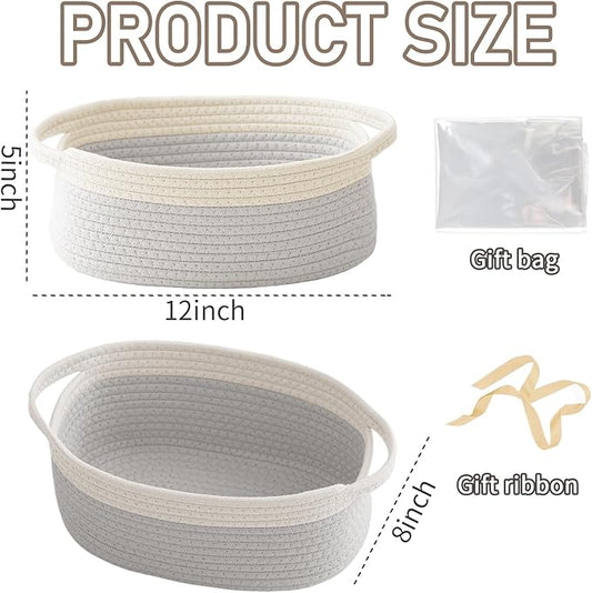 Woven Basket,Small Rope Storage Bin with Handles & Ribbon Bag, Organizer for Shelves Closets,Gift Basket Empty for Birthday,Books,Dog Toys, White&Grey