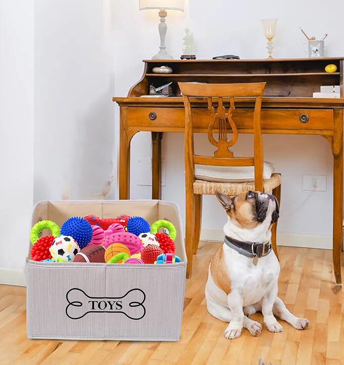 Geyecete Dog Toys Storage Bin With Wooden Handle - Decorative Rectangular Soft Felt Organizer Basket for Pet Supplies - Beige