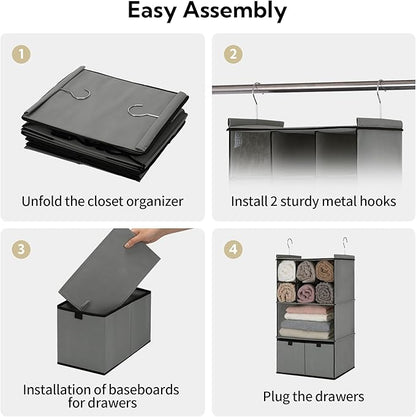 GRANNY SAYS Hanging Closet Organizer with Drawers, 4 Shelf Dividers Closet Hanging Organizer, Foldable Hanging Shelves for Wardrobe Closet, Small Closet Organizers for Clothes Shoes, Grey