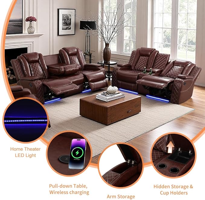 3 Seat Recliner Sofa for Living Room,Living Room Furniture Sets Recling Couch with LED, Soft Brown Leather Power Reclining Sofa with Cup Holders,Storage,Breathing Leather for Home/Office