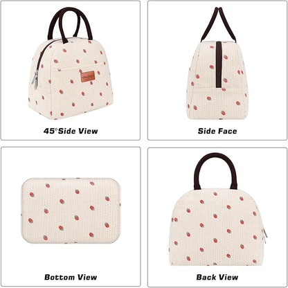 BALORAY Lunch Bag for Women Men Insulated Lunch Box for Adult Reusable Lunch Tote Bag for Work, Picnic or Travel (Corduroy Beige with Strawberry)